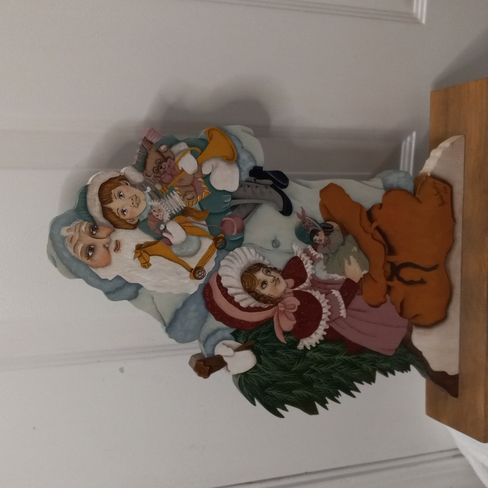Vintage Victoria Hand Painted Folk Art Christmas Sceen on Free Standing wood.